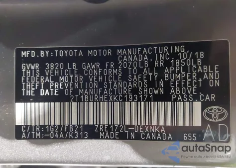 2019 Toyota Corolla Le from USA, damaged, VIN 2T1BURHEXKC193171